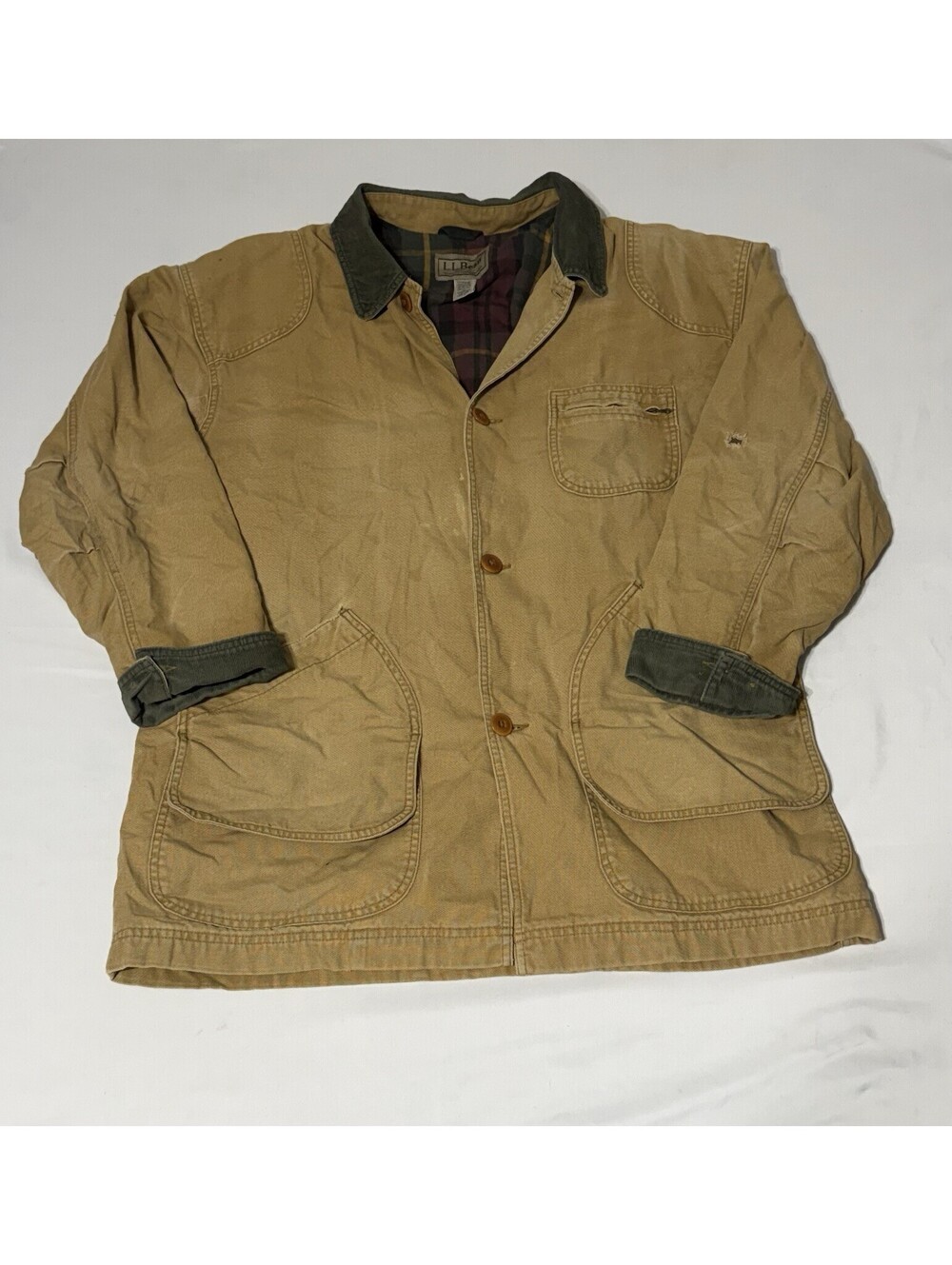 Vintage LL Bean Tan Canvas Barn Coat Field Chore Jacket Mens XL Plaid Lined